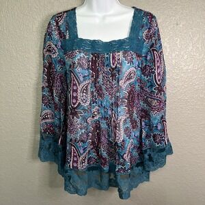 Sundance 100 Silk Blouse SZ M Paisley‎ Turquoise Lace Delicate Feminine Fairy